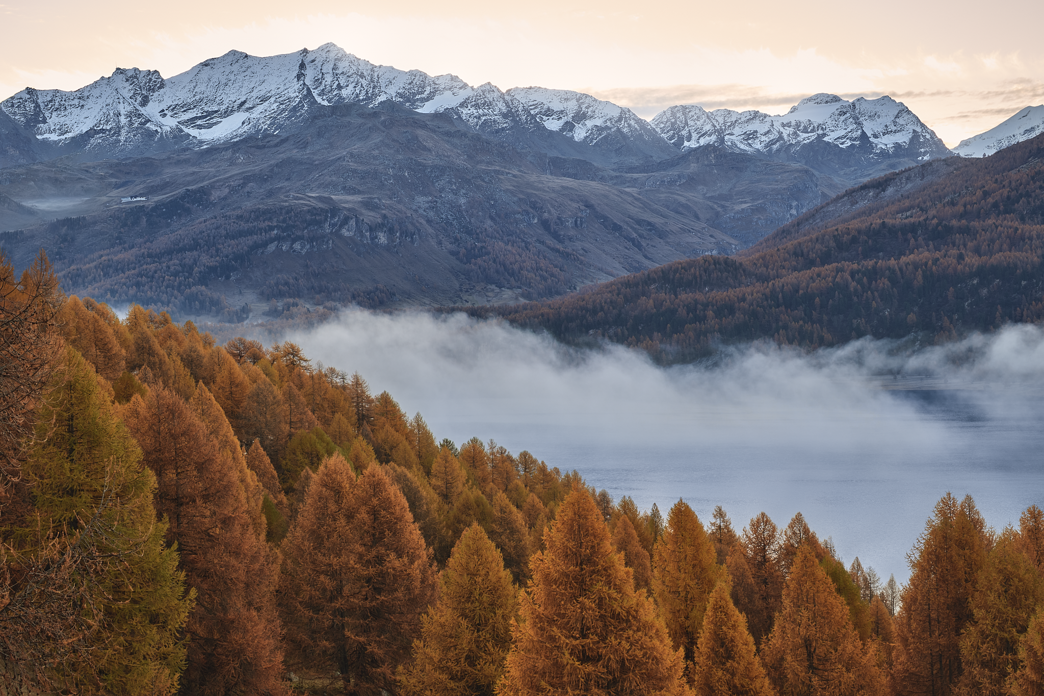 Autumn mountain landscape rising above a layer of low clouds in Switzerland