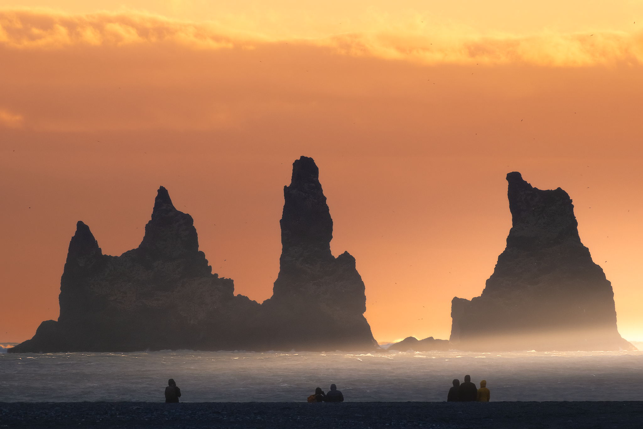 Dark sea stacks silhouetted against a golden sunset on the Icelandic coast